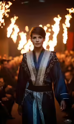 woman wearing asian clothing and holding a lit up match