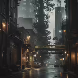 a rainy night in an old town with a bus on the street and buildings on a rainy day
