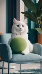 the cat has a ball sitting on a chair