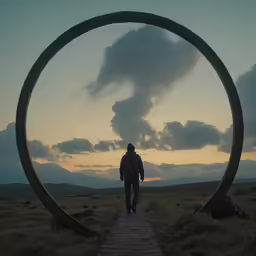 a person standing in front of an arch
