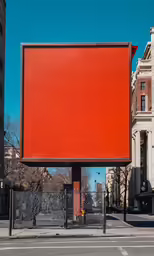 a red billboard sitting on the side of a street