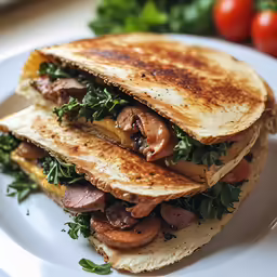 a plate with three halves of bread and meat stacked on it