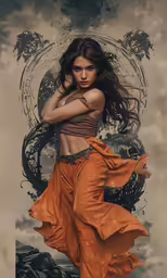 woman in flowing dress poses near ornate background