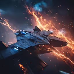 an animation space ship riding through the fire with lightning in the background
