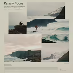 four photographs of a man sitting on a rock cliff overlooking the ocean
