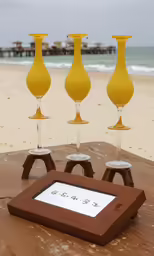 four yellow vases on a table and a plaque next to them