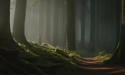 some people are walking in the foggy woods