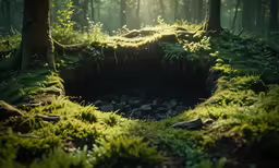 a mossy area with trees and grass near a river