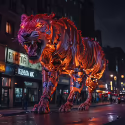 a lighted animal display in the middle of a city street