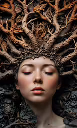 a woman wearing many branches with her eyes closed