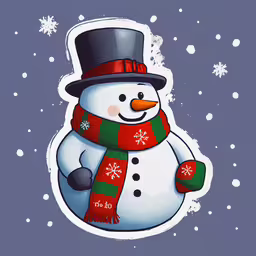 a cartoon snowman with a red hat and scarf,a snowman is wearing a scarf, hat and mittens