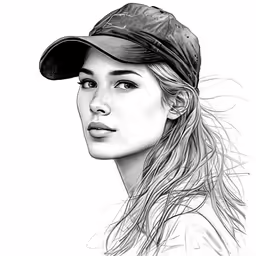 a black and white drawing of a woman in a baseball hat