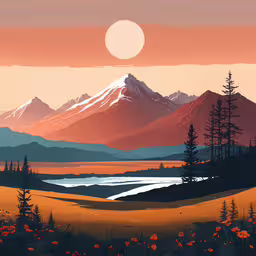a painting of a mountain range near a lake,the sun is setting over a mountain range