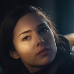 a woman is looking out the window in the dark