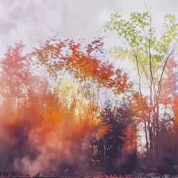 an orange, red and yellow forest is shown with lots of smoke