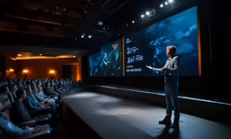 a man in a suit speaks in front of a large screen