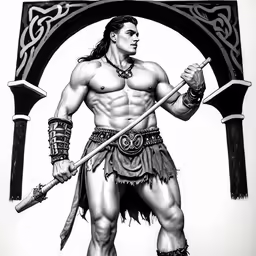 a drawing of the god and demon, pose with his sword