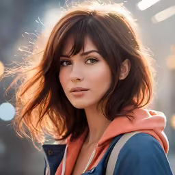 a close up of a woman with hair blowing in the wind
