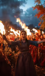 a woman standing in front of a fire show