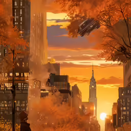 an artistic sunset scene with tall buildings and some skyscrapers