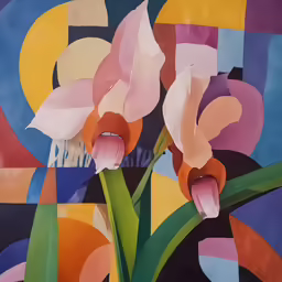 a painting of three flowers with a geometric background