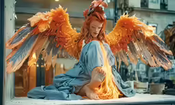 a woman with a dress and wings sitting on the ground