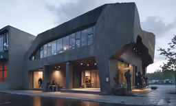 people are outside of an unusual architecture business