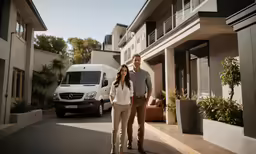a young couple is standing together in front of their apartment building with a van in the background