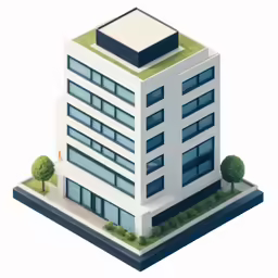 an office building is on an island with trees