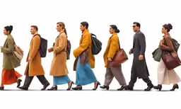a row of people walking down a street