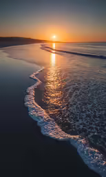 a sandy beach with the sun rising behind it