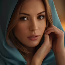 a woman with a blue headscarf and hand on her face