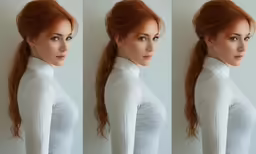three pictures of a woman with long hair and wearing white shirt