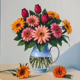 a blue vase filled with pink and orange flowers