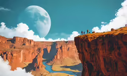 a photo of two people standing at the edge of a cliff with a river below it