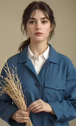 the woman is wearing a coat and holding plants