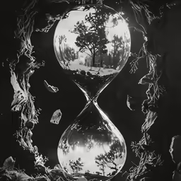 a glass hourglass with trees and leaves all around
