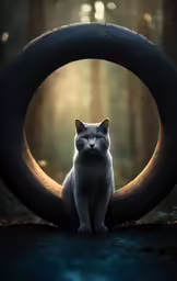 a cat sitting inside of a tire in the woods