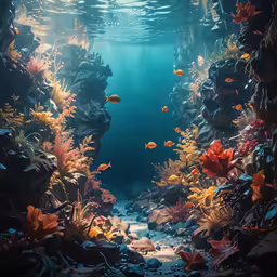 fish swim through a blue aquarium filled with corals