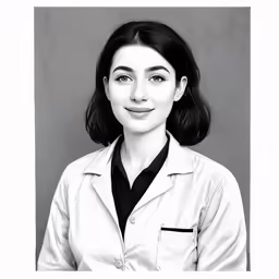 a woman in a lab coat standing next to a gray wall