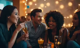 four people sitting next to each other holding glasses and laughing