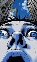 a blue woman looking up from below