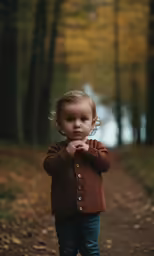 a little kid that is standing by some leaves