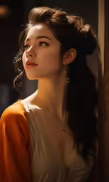 an attractive woman in orange top with long hair looking over her shoulder