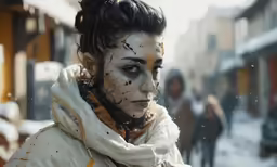 a woman in a white jacket and scarf with face paint