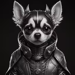 a black and white chihuahua in a suit with horns