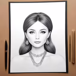a drawing of a woman with a necklace and earrings