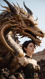 a woman dressed in black clothing next to a golden dragon