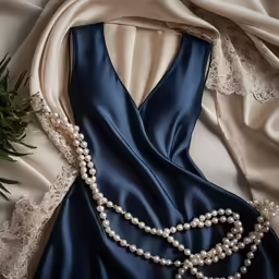 a dress and beads with flowers in the background