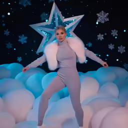 woman standing in front of snowflakes and stars